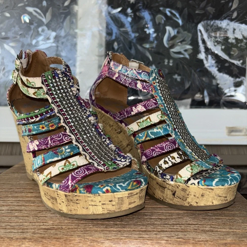 Vintage Mudd 4 In Cork Wedge Platform Sandals Boho Hippie Y2K 90s Womens Sz 7